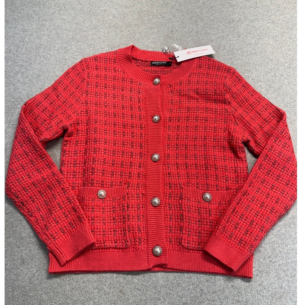 Urban Coco Tweed Knit Cardigan Sweater Red Pearl Button Metallic Size S NWT